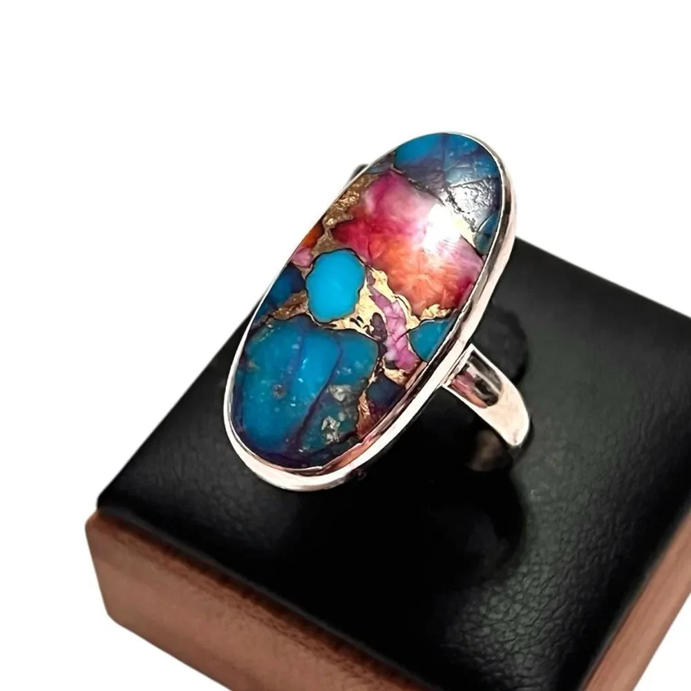 Artisan Sterling Silver Blue Turquoise Spiny Oyster Copper Ring Size 8